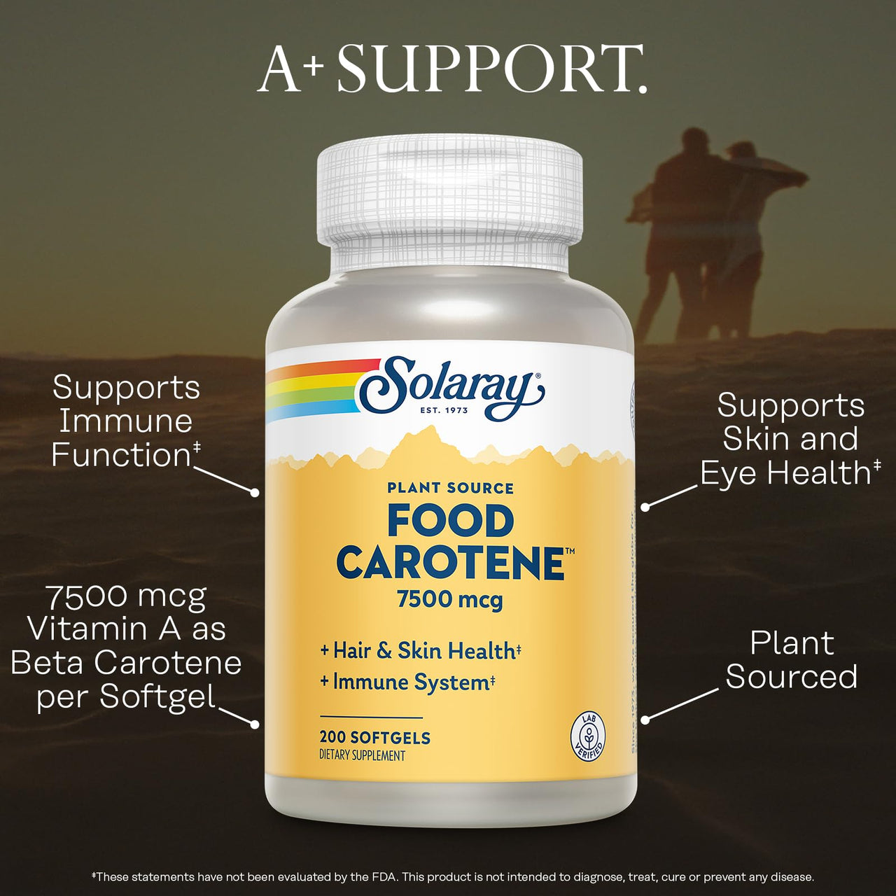 SOLARAY Food Carotene 7500mcg (25000 IU) - Beta Carotene Vitamin A Supplement - Wellness and Immune Support Supplement, Potent Eye Vitamins and Skin Food, Plant Sourced, 60-Day Guarantee, 200 Softgels