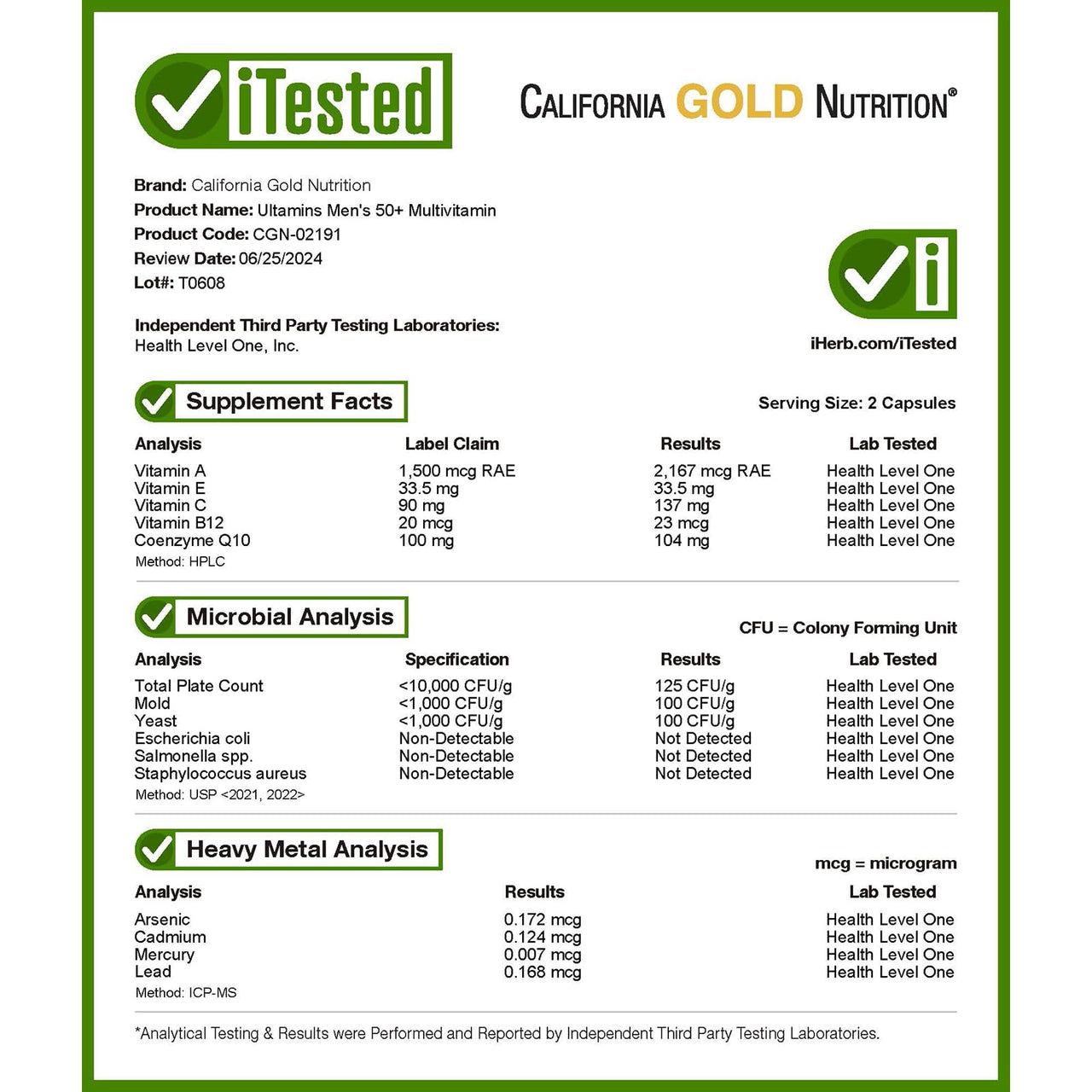California Gold Nutrition Ultamins Men's 50+ Multivitamin with CoQ10, Mushrooms, Enzymes, Veggies & Berries, 60 Veggie Capsules