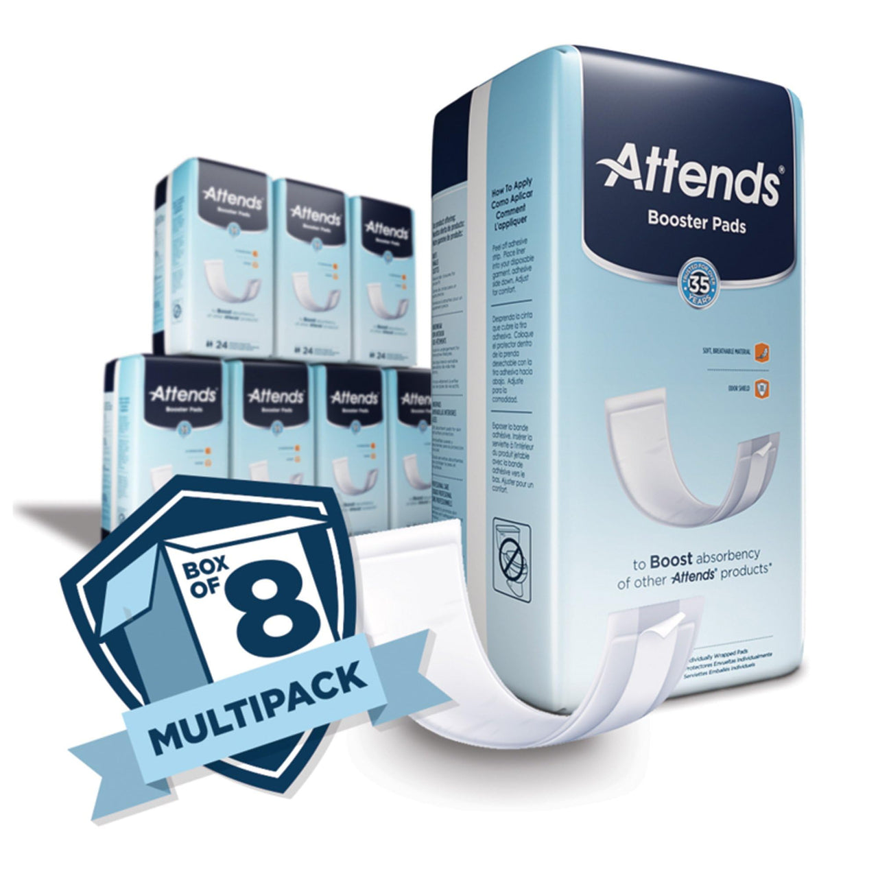 Attends Booster Pads for Adult Incontinence designed to boost absorbency of other Attends products, Unisex, one size, 3.5"x11", 24 Count (Pack of 8)