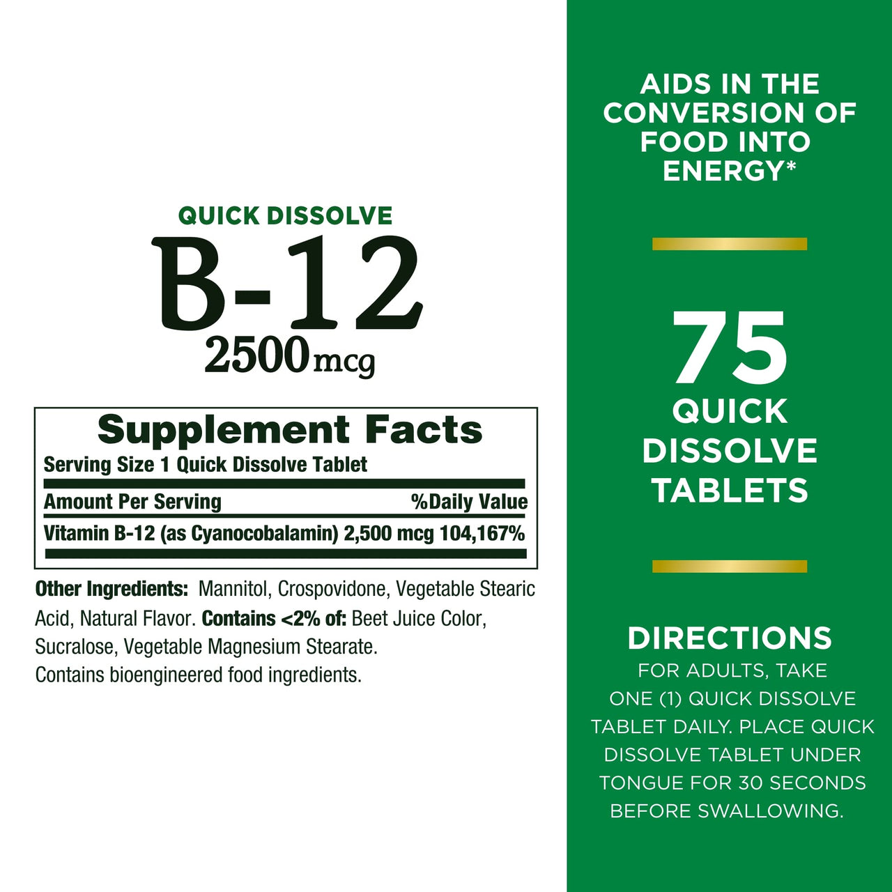 Nature’s Bounty Vitamin B12 2500 mcg, Cellular Energy Support, for Energy Metabolism, Heart & Nervous System Health, 75 Quick Dissolve Tablets