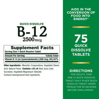 Thumbnail for Nature’s Bounty Vitamin B12 2500 mcg, Cellular Energy Support, for Energy Metabolism, Heart & Nervous System Health, 75 Quick Dissolve Tablets
