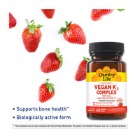 Thumbnail for Country Life® Vegan K2-500 mcg, 60 Ct. Chewable Tablets. Strawberry Flavor - Certified Gluten Free - Certified Vegan by AVA – to Support Bone Health