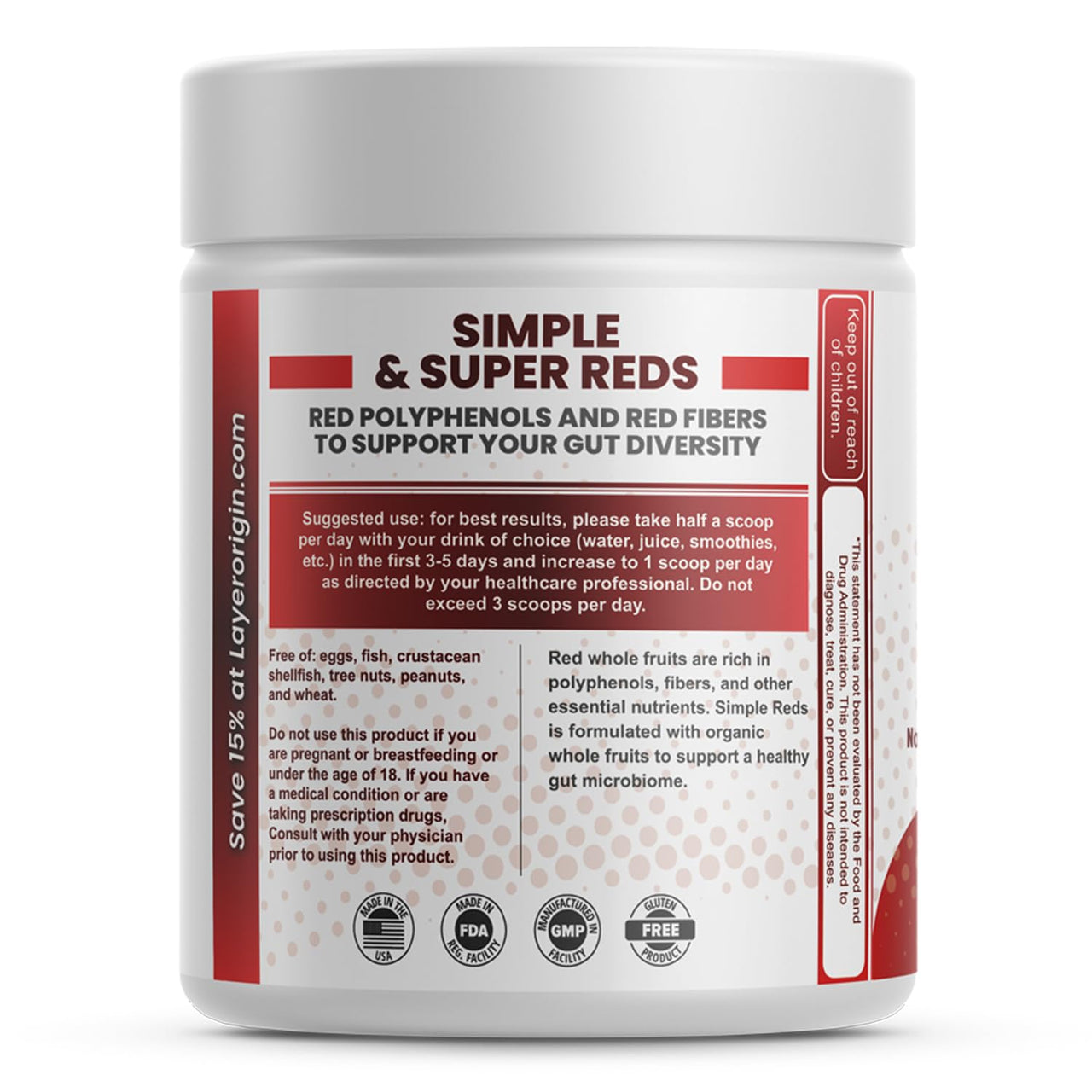 Layer Origin Simple Reds - Organic Red Polyphenols Whole Fruit Powder | Only Real Red Whole Fruits & Zero-fillers | 30 Servings