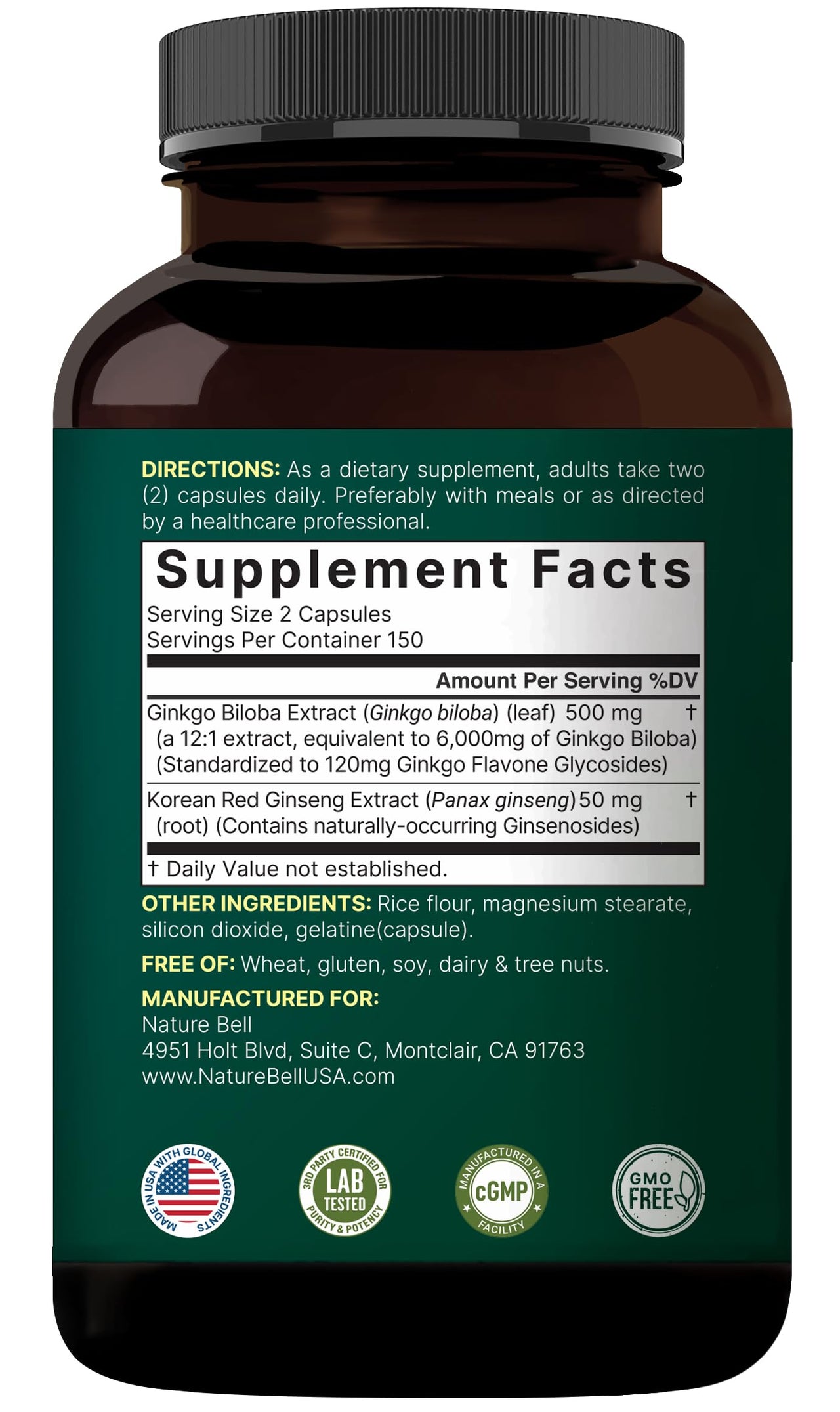 NatureBell Ginkgo Biloba 6,000mg with Panax Ginseng 500mg Per Serving | 300 Capsules – Max Strength Ginko Biloba Extract Supplements - Promotes Memory, Focus, and Brain Health