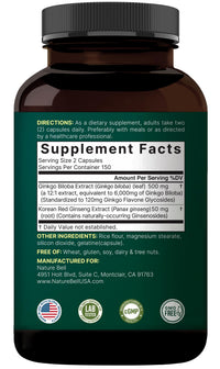 Thumbnail for NatureBell Ginkgo Biloba 6,000mg with Panax Ginseng 500mg Per Serving | 300 Capsules – Max Strength Ginko Biloba Extract Supplements - Promotes Memory, Focus, and Brain Health