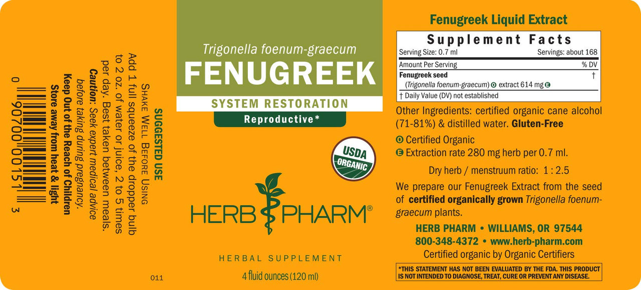 Herb Pharm Certified Organic Fenugreek Liquid Extract for Female Reproductive Support - 4 Ounce