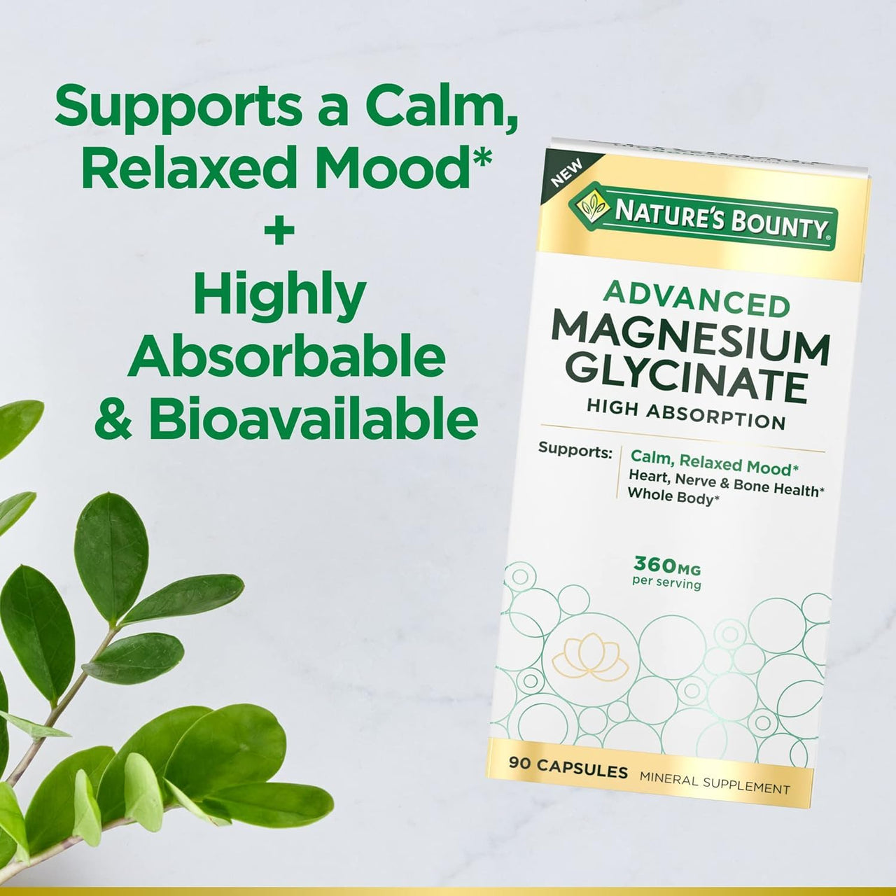 Nature's Bounty High Absorption Magnesium Glycinate, Supports a Calm & Relaxed Mood, Heart, Nerves, Muscle & Bone Health Support, 90 Capsules (Pack of 2)
