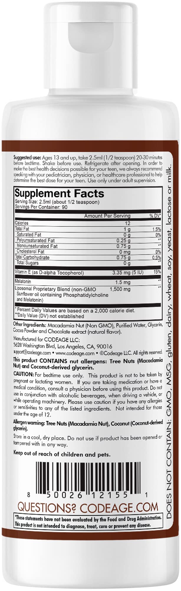 Codeage Liposomal Teen Sleep + Liquid Melatonin Supplement for Teenagers, Vitamin E, Phospholipid Complex, Vegan Chocolate Smoothie Drops, Non-GMO, Sugar Free, 3 Month-Supply, 90 Servings, 8 fl oz