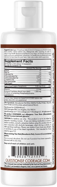 Thumbnail for Codeage Liposomal Teen Sleep + Liquid Melatonin Supplement for Teenagers, Vitamin E, Phospholipid Complex, Vegan Chocolate Smoothie Drops, Non-GMO, Sugar Free, 3 Month-Supply, 90 Servings, 8 fl oz