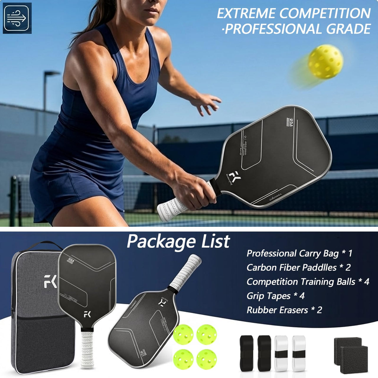 FeichangKeji Pickleball Paddles Set of 2 T700 & 16mm Carbon Fiber Pickleball Paddles with CMS Matte Surface Lightweight Honeycomb Core & Durable Edge Guard Protector & Comfortable Grip