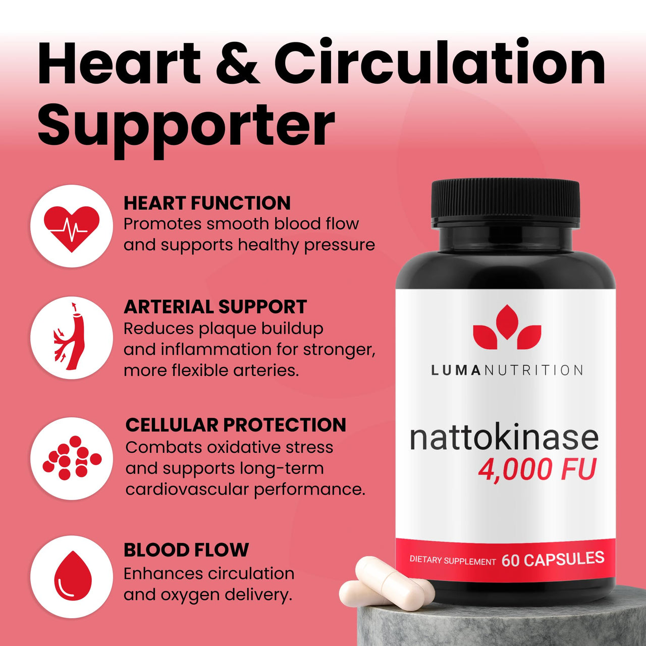 Luma Nutrition Nattokinase Supplement - Natto 4000 FU Per Serving, Premium Heart Health Support - Vegan & Gluten Free - 60 Capsules - Made in USA