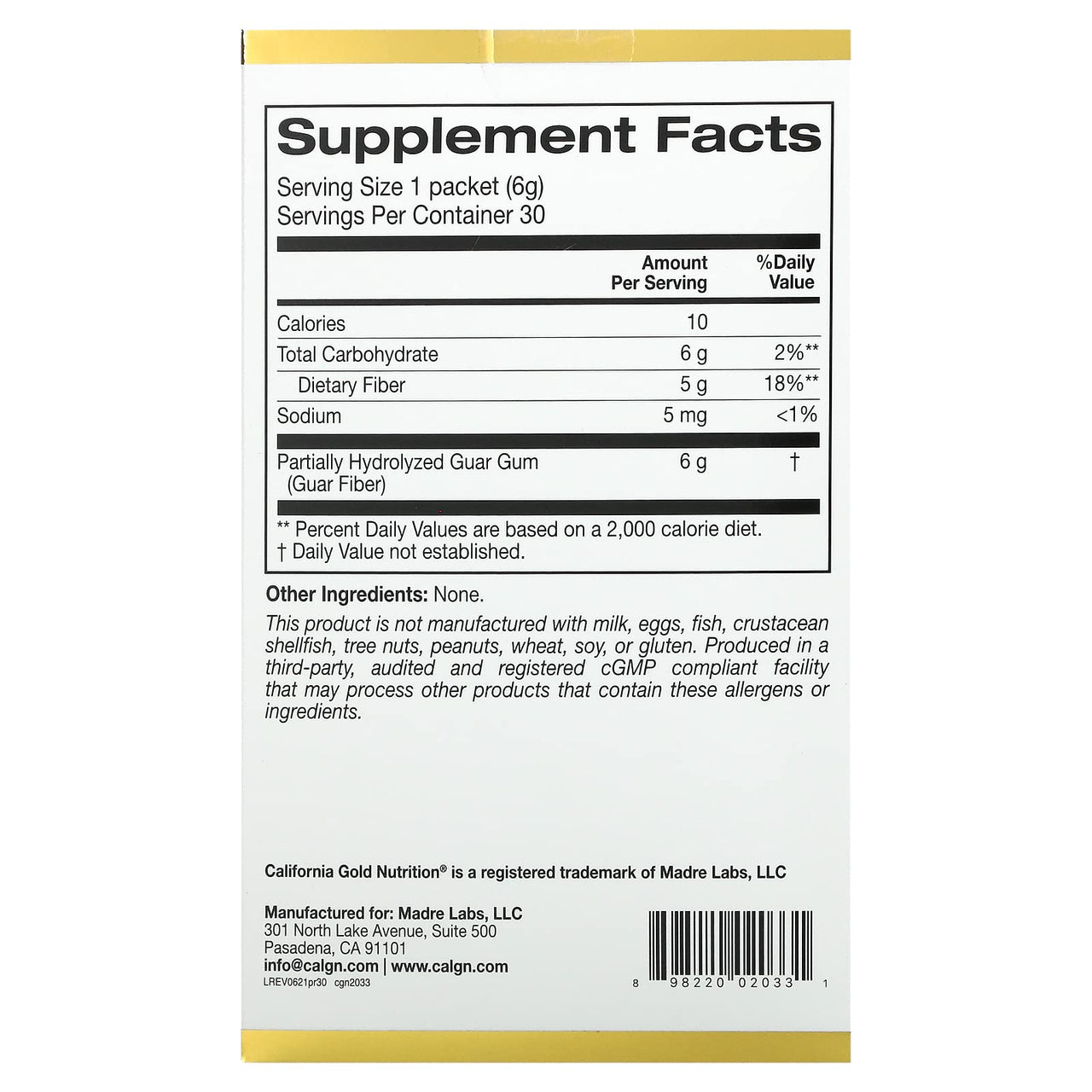 California Gold Nutrition Prebiotic Fiber, 30 Packets, 0.21 oz (6 g) Each