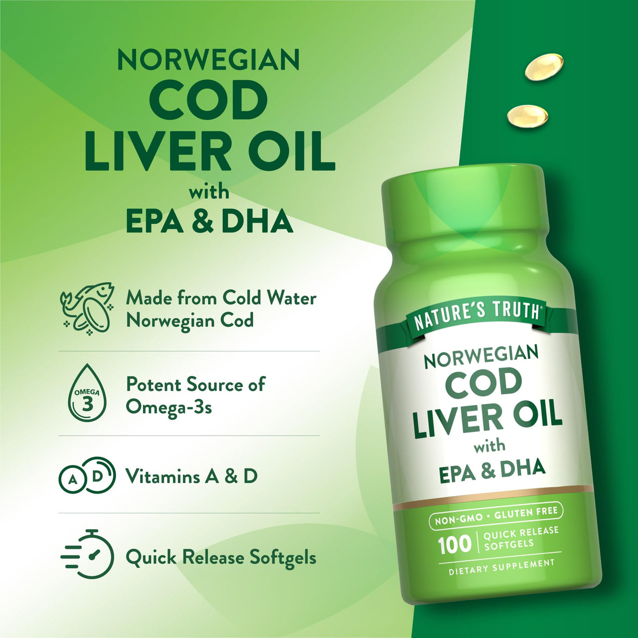 Nature's Truth Norwegian Cod Liver Oil | 100 Softgels | with EPA & DHA | Non-GMO & Gluten Free Supplement