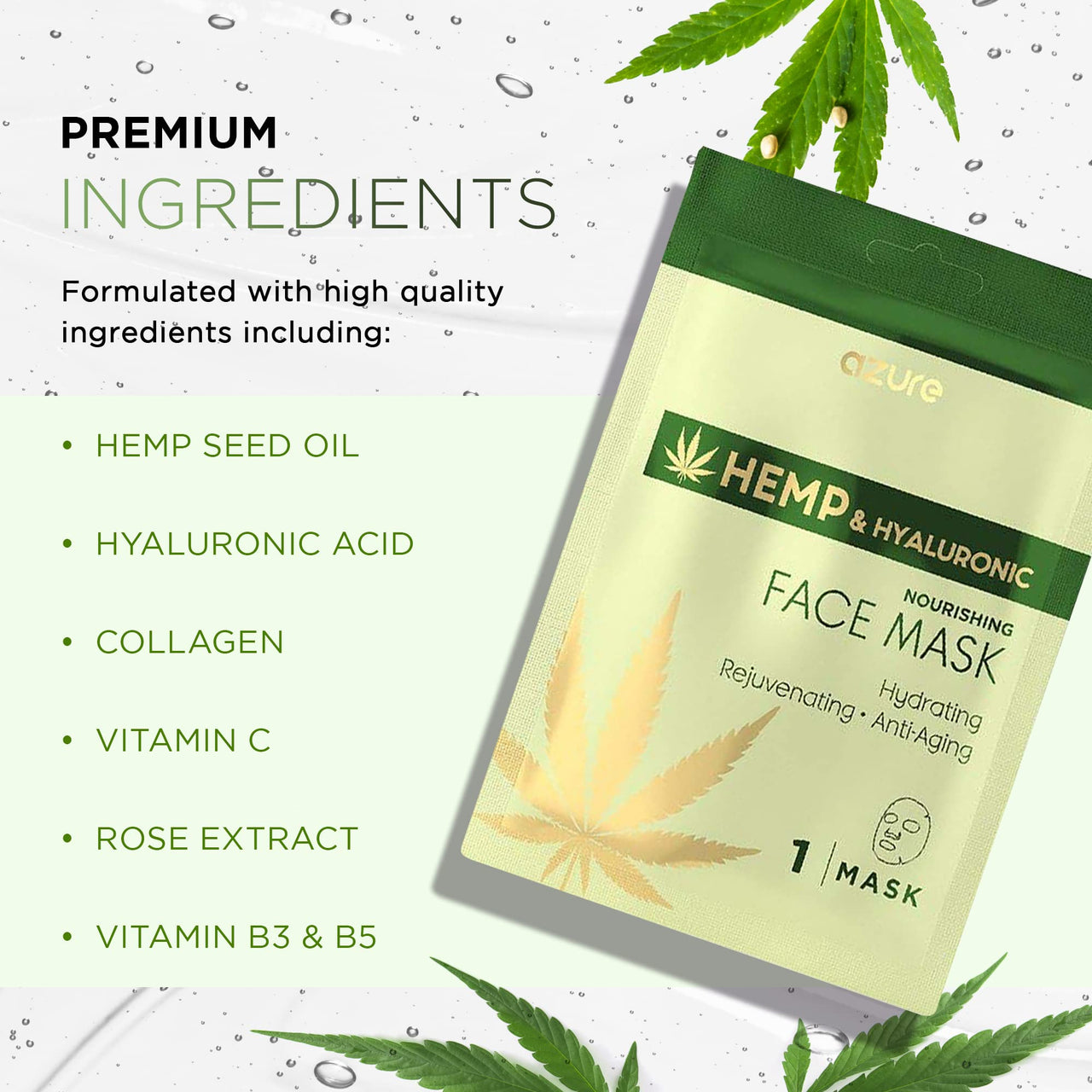 Azure Cosmetics Hemp Oil & Hyaluronic Acid Nourishing Facial Sheet - Anti Aging, Rejuvenating & Deeply Hydrating Mask - Reduces Fine Lines & Wrinkles, Locks in Moisture - Korean Skin Care - Pack of 5