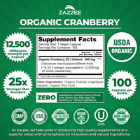 Thumbnail for Zazzee USDA Organic Cranberry 25:1 Extract, 500 mg per Capsule, 100 Vegan Capsules, 3+ Month Supply, Certified Kosher, Standardized, Concentrated 25X Extract, 100% Vegetarian, Non-GMO, Made in the USA