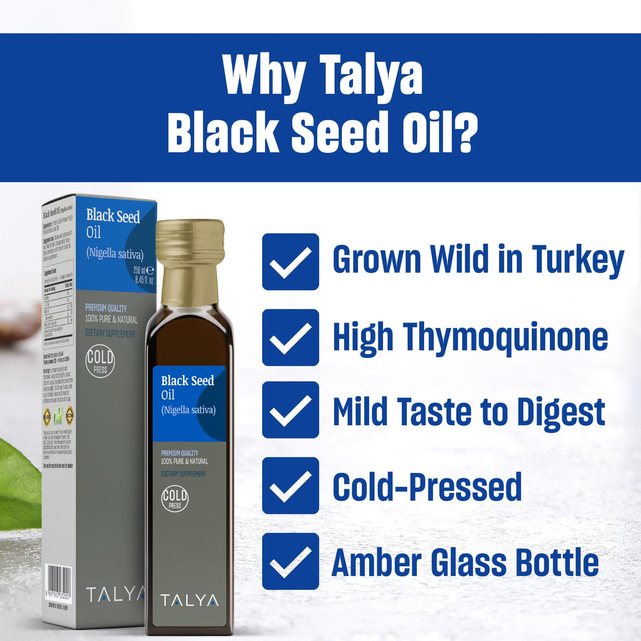 TALYA Black Seed Oil 8.45 fl. oz (250 ml) - Liquid Black Seed Oil - Dietary Supplement - Immune Support - High Thymoquinone - Cold Pressed - Pure Turkish Black Seed Oil - Non-GMO - Glass Bottle