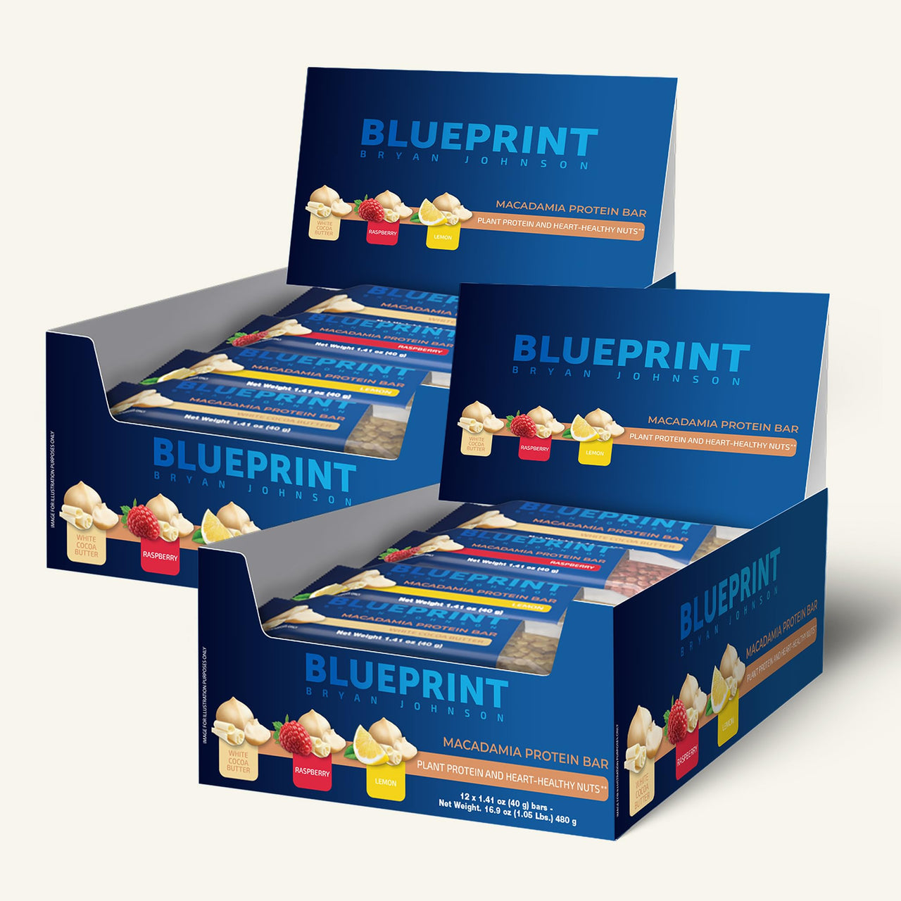 Blueprint by Bryan Johnson Macadamia Nut Protein Bars â€“ Variety Pack Protein Bars - Lemon, White Cocoa & Raspberry â€“ Vegan, Low Sugar, Keto-Friendly Snacks â€“ Non-GMO, Raw Nut Barâ€“ 9g Protein â€“ 12 Pack