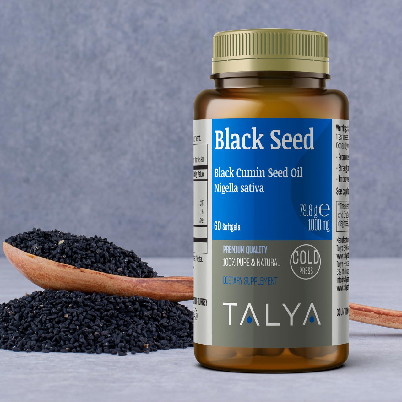 TALYA Black Seed Oil Softgel with High Thymoquinone - Immune Support - Digestive Health - Brain Function - Joint Mobility - Cold-Pressed from Non-GMO Turkish Black Cumin Nigella Sativa Seeds