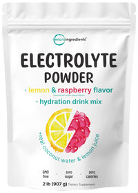 Thumbnail for Micro Ingredients Electrolyte Powder, 2 lbs (139 Servings) | Lemon Raspberry Flavor | High Potassium (1,000mg) + Coconut Water & Real Lemon Juice | No Sugar, Keto Friendly | Non-GMO