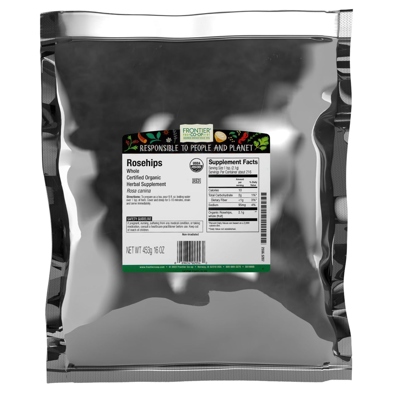Frontier Co-op Organic Whole Rosehips - Dried Rose Hips for Tea, Powder, Oil and More - Kosher | 16 Ounce (Pack of 1)