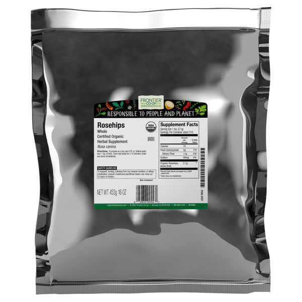 Frontier Co-op Organic Whole Rosehips - Dried Rose Hips for Tea, Powder, Oil and More - Kosher | 16 Ounce (Pack of 1)