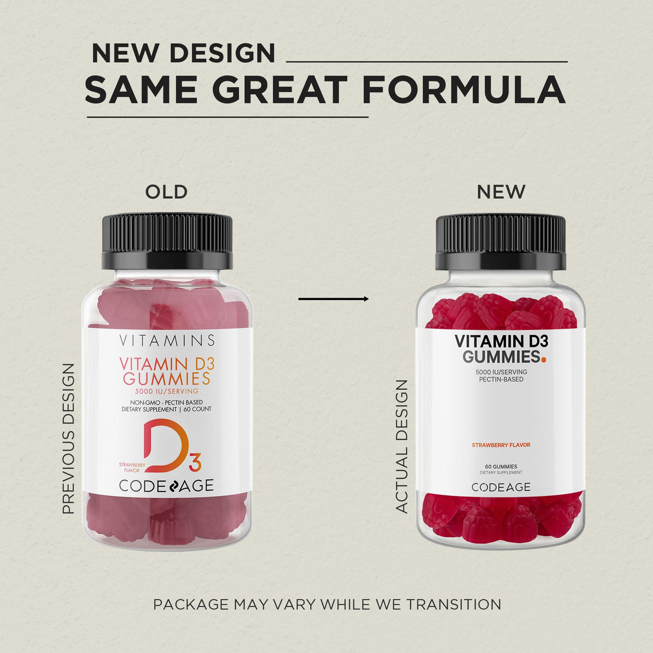 Codeage Vitamin D3 Gummy Vitamins, Vitamin D3 5000 IU Gummies Cholecalciferol 125 mcg - 2-Month Supply - Soft Pectin-Based, Animal Gelatin-Free Vitamins Gummy, Strawberry, Gluten-Free - 60 Gummies