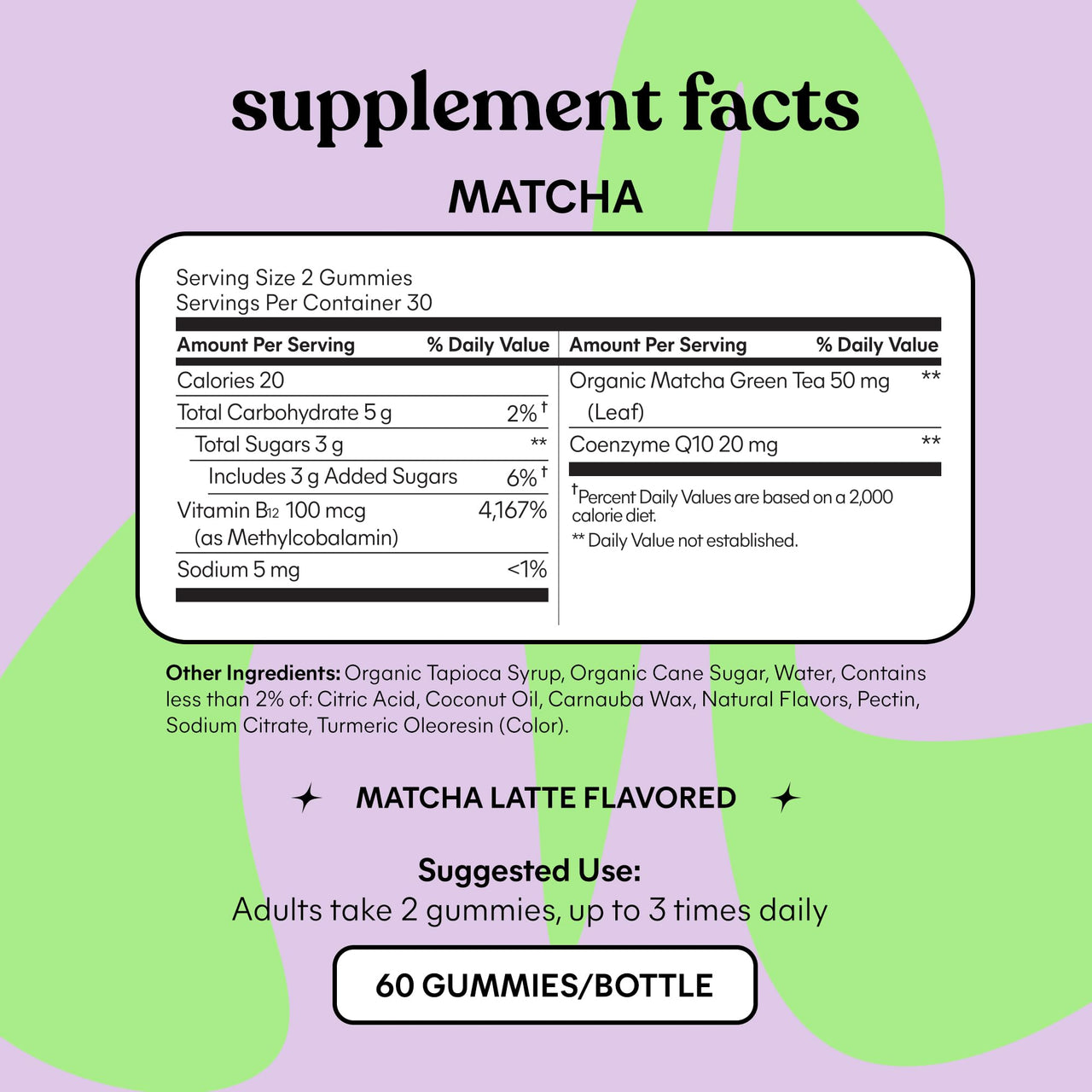 Lemme Matcha Superfood Energy Gummies with Organic Matcha Green Tea, Vitamin B12 and Antioxidant Coenzyme Q10 to Support Cellular Energy, Metabolism & Healthy Skin - Gluten Free, Non GMO (60 Count)
