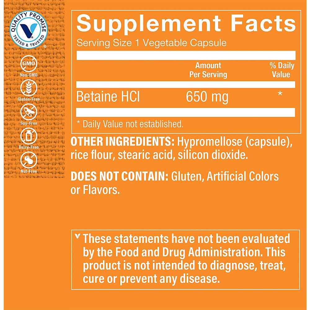 The Vitamin Shoppe Betaine HCl Fast-Acting Digestive Support 650 (100 Vegetable Capsules)
