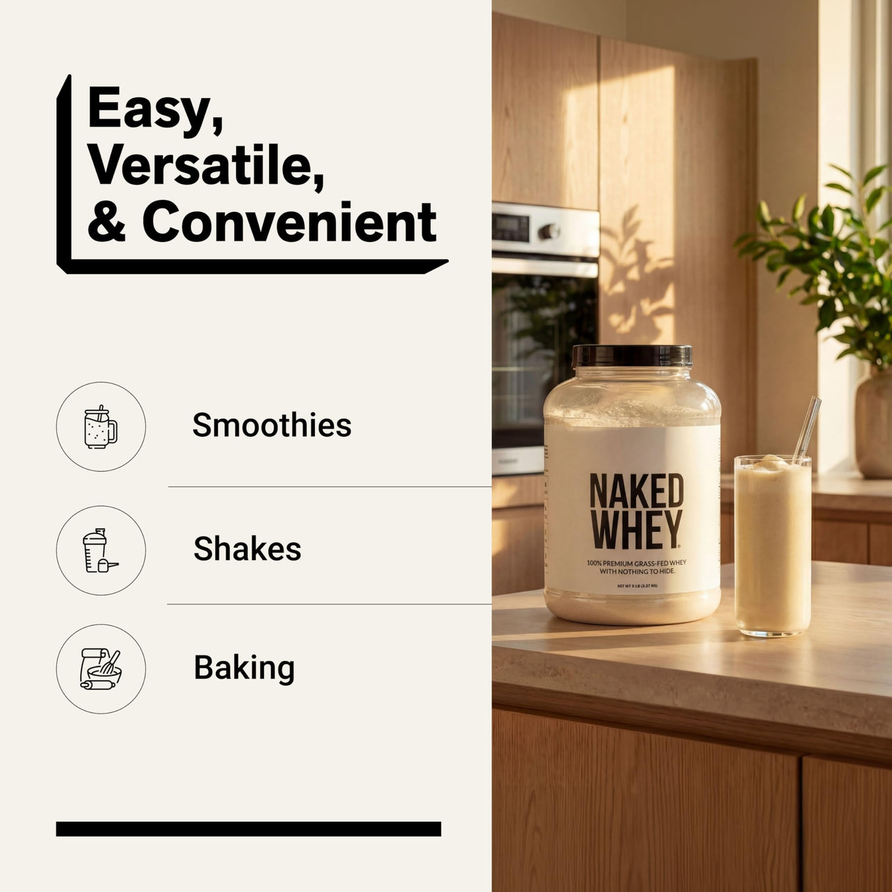 NAKED Whey 5LB 100% Grass Fed Unflavored Whey Protein Powder - Only 1 Ingredient, NSF Certified, Undenatured, Gluten Free, Soy Free, Promote Muscle Growth and Recovery - 76 Servings