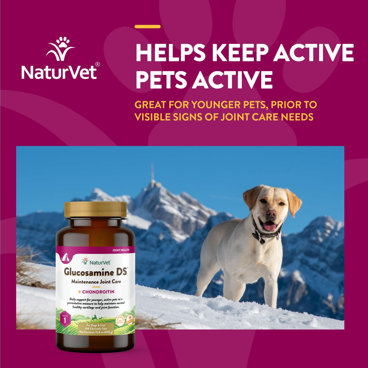 NaturVet Glucosamine DS Level 1 Maintenance Care Hip & Joint Support Pet Supplement for Dogs & Cats –Glucosamine, Chondroitin, Antioxidants –Supports Cartilage, Joint Function – 150 Ct.
