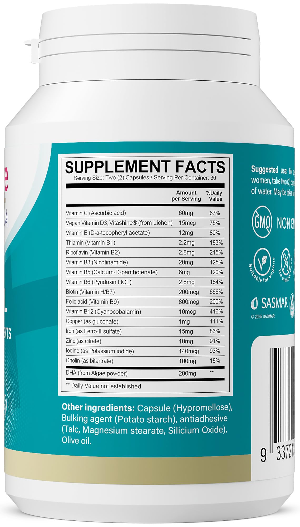 Conceive Plus Prenatal Vitamins for Women Supplement - Multivitamin With Folic Acid for Pregnancy Vegan, Choline, Iron - Pre Natal Vitamins DHA, Non GMO - Maternity Vitamin for Brain & Eye 60 Capsules