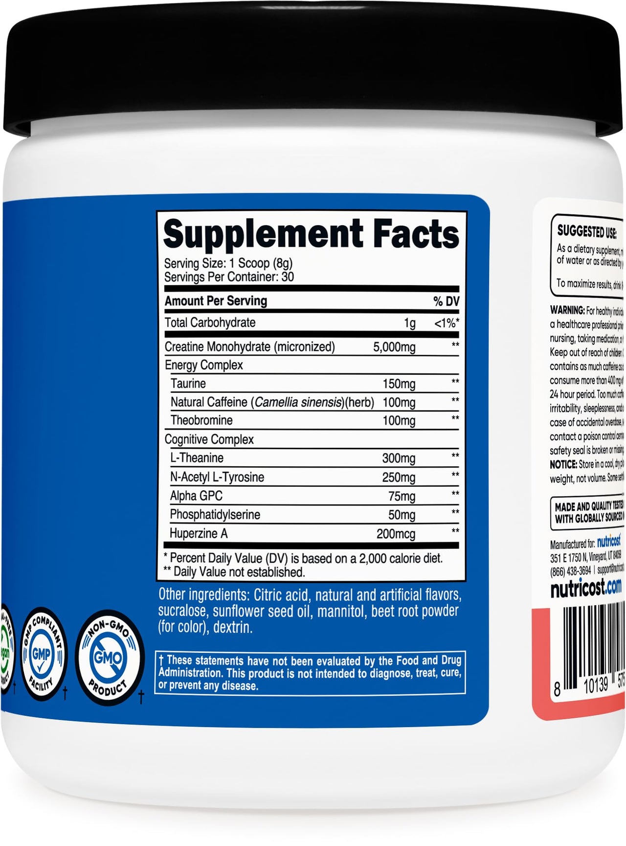 Nutricost Creatine + Energy 30 Servings (Watermelon Flavored) - 5,000mg Creatine Monohydrate + 350mg Energy Complex Per Serving