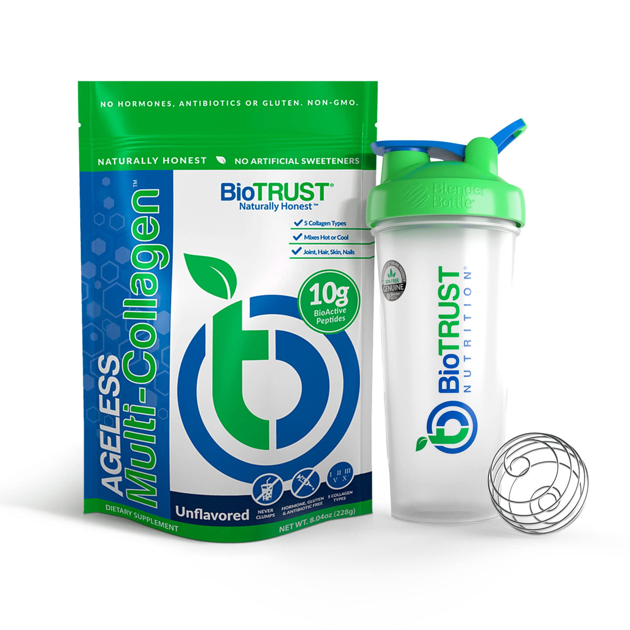 BioTrust Ageless Multi Collagen 5-in-1 Protein Powder (Unflavored) BlenderBottle Bundle