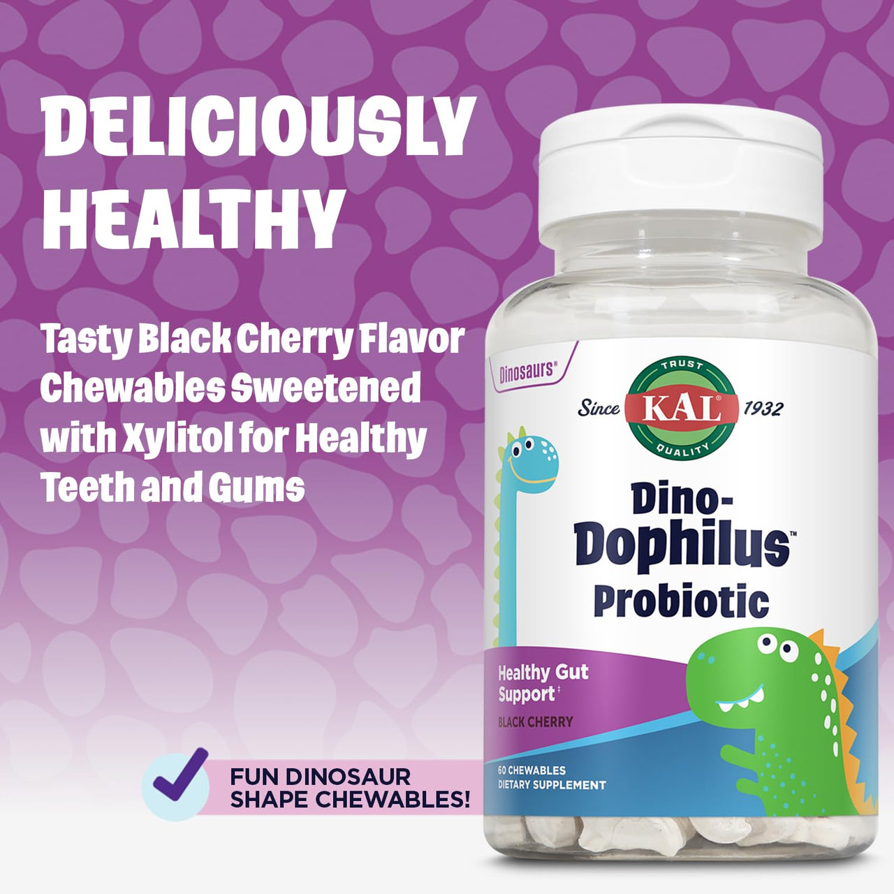 KAL DinoDophilus Probiotics for Kids - Chewable Kids Probiotic with 2 Billion CFU for Children's Gut Health and Digestion Support - Natural Black Cherry Flavor, 60 Chews