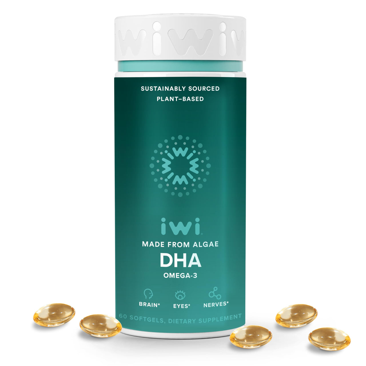Iwi DHA Omega-3, 60 Softgels (30 Servings), Plant-Based Algae Omega 3, Brain, Eyes & Nervous System Support Dietary Supplement, Krill & Fish Oil Alternative, No Fishy Aftertaste