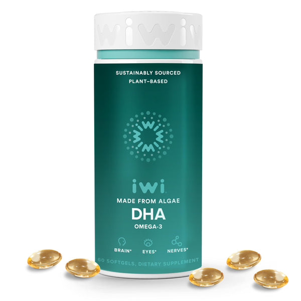 Iwi DHA Omega-3, 60 Softgels (30 Servings), Plant-Based Algae Omega 3, Brain, Eyes & Nervous System Support Dietary Supplement, Krill & Fish Oil Alternative, No Fishy Aftertaste