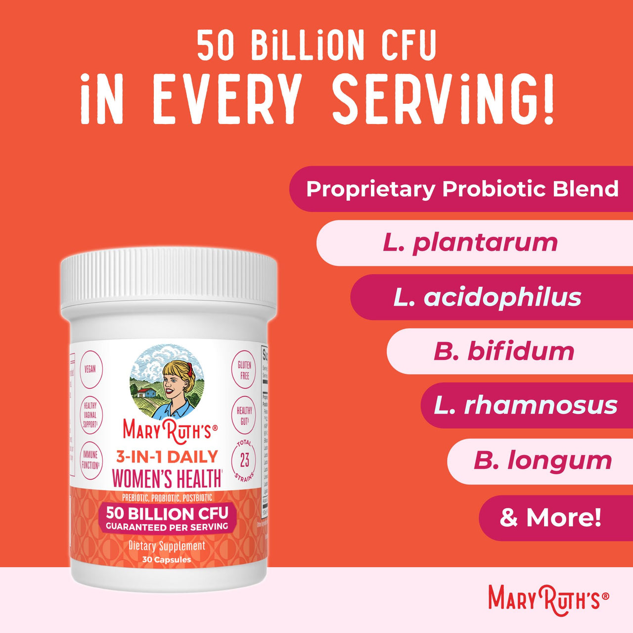 MaryRuth's 3-in-1 Daily Health Probiotics for Women | Hormone Support & Gut Health Supplement for Women | Women’s Probiotic | 50 Billion CFU | Vegan | 30 ct