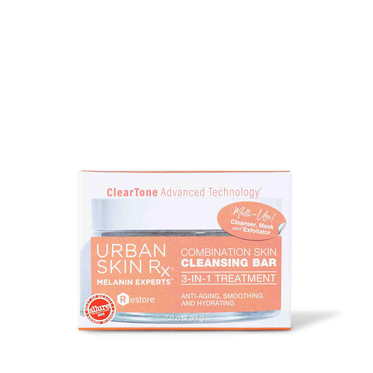 Urban Skin Rx® Combination Skin 3-In-1 Daily Treatment Cleansing Bar, Exfoliator + Rejuvenating Mask, Hydrates & Helps Diminish the Appearance of Dullness, Dark Marks, Fine Lines & Wrinkles, 2.0 Oz