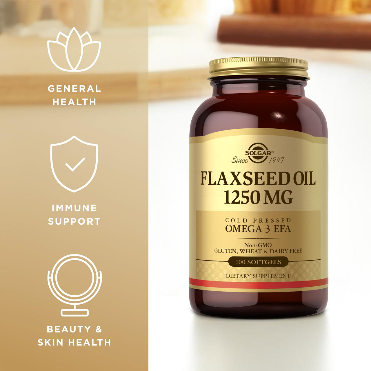 Solgar Flaxseed Oil 1250 mg - 100 Softgels - Concentrated Plant Source of Omega-3 Alpha-Linoleic Acid (ALA) - Non-GMO, Gluten Free - 50 Servings