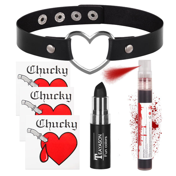 Go Ho Horror Bride Body Paint Makeup Set with Black Lipstick, Adjustable PU Leather Choker, Fake Blood Spray, 3PC Bloody Love Stickers - Halloween Costumes Gothic Bride Punk Accessories Kit
