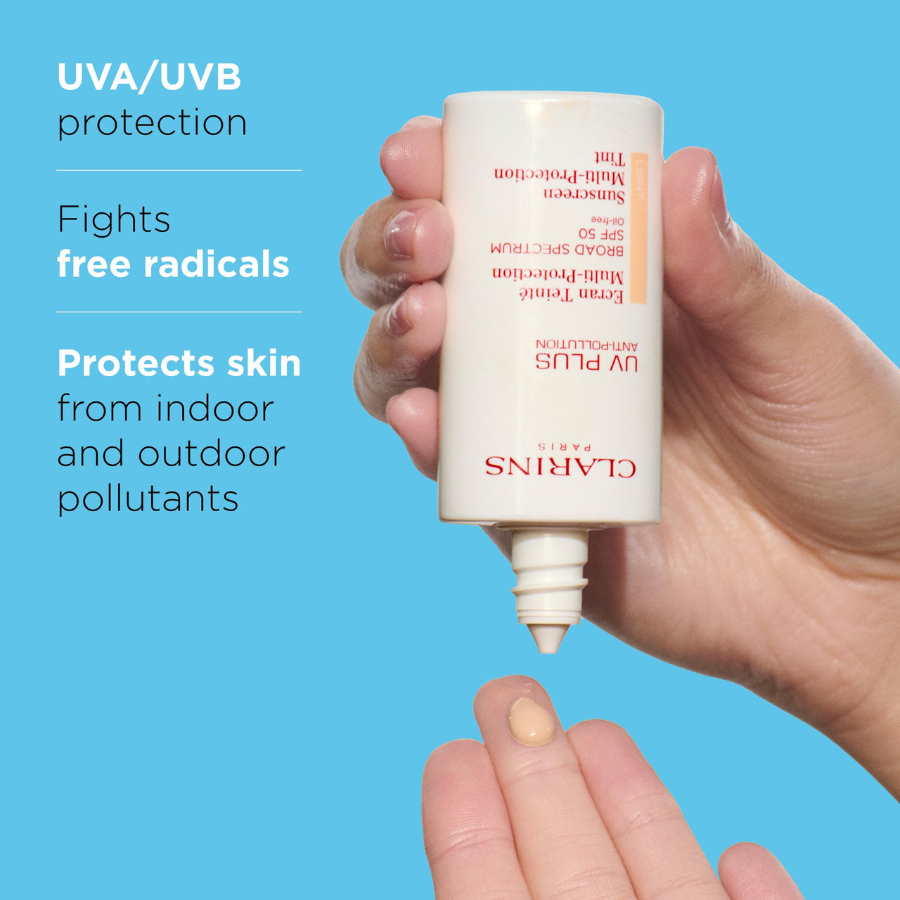 Clarins UV Plus Anti-Pollution, Broad Spectrum SPF 50 Tinted Face Sunscreen | Sheer Finish | Lightweight and Oil-Free | Triple Protection From UVA/UVB Rays, Free Radicals and Pollutants | Shade Light