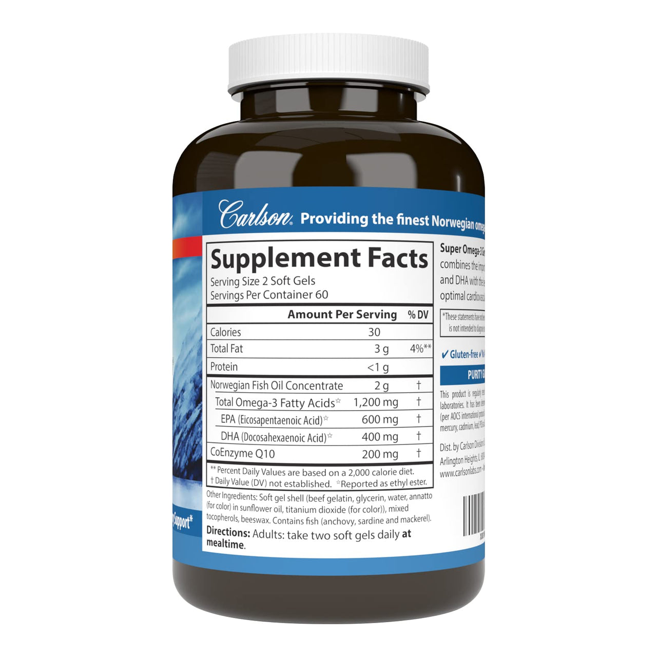 Carlson - Super Omega-3 Gems + CoQ10, 1200 mg Omega-3s 200 mg CoQ10, Circulation Function, Energy Production & Circulatory Support, 120 Softgels