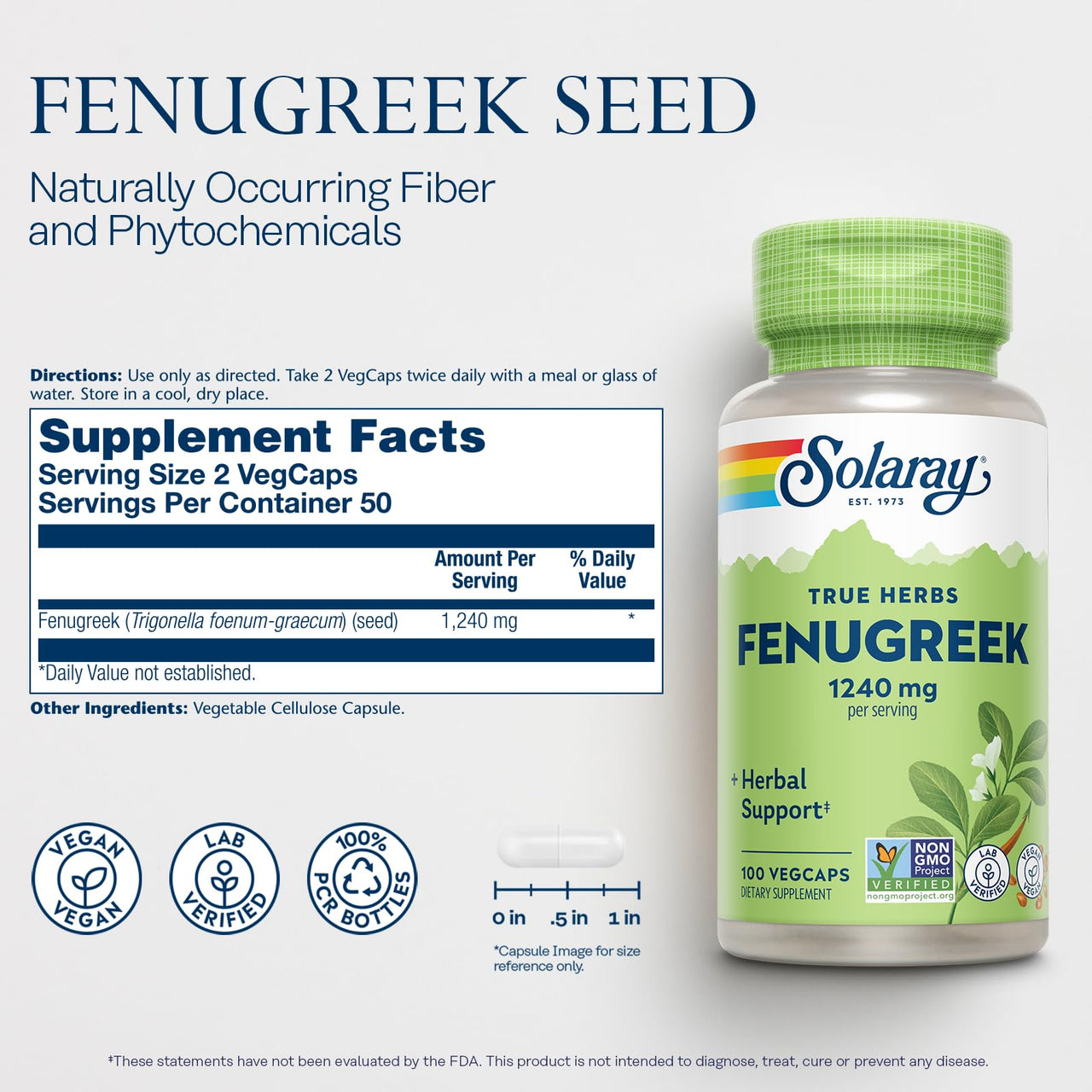 SOLARAY Fenugreek Seed 1240 mg, Healthy Digestion Support and More, Vegan and Lab Verified for Quality, 50 Servings, 100 VegCaps