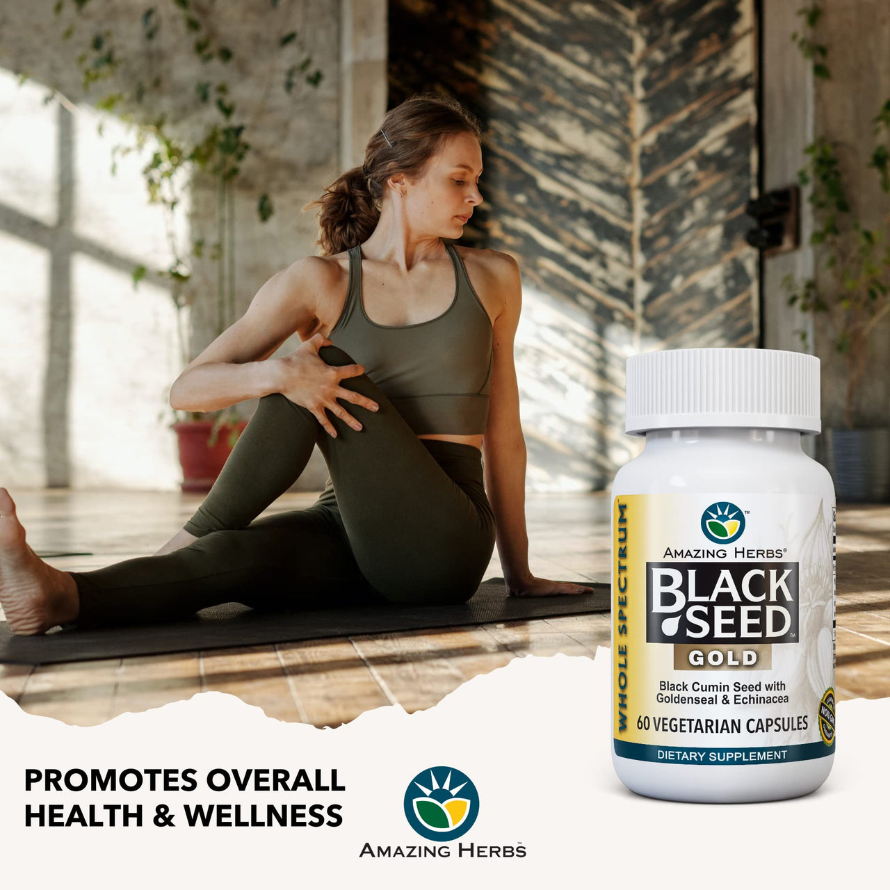 Amazing Herbs Whole Spectrum Black Seed Gold - Black Cumin Seed with Goldenseal & Echinacea, Gluten-Free & Non-GMO, Immune Support, Promotes Health & Wellness - 60 Count