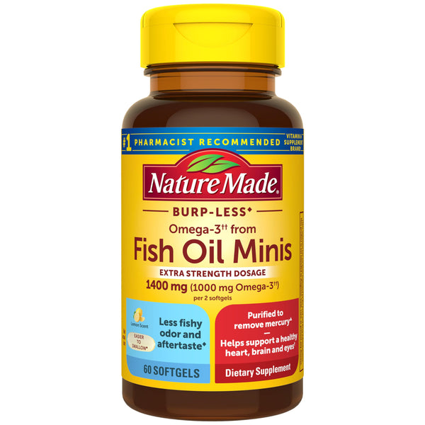 Nature Made Extra Strength Burp Less Fish Oil Omega 3 Supplements 1400 mg Minis, Omega 3 Fish Oil as Ethyl Esters for Healthy Heart Brain Eyes Support, 60 Softgels, 30 Day Supply
