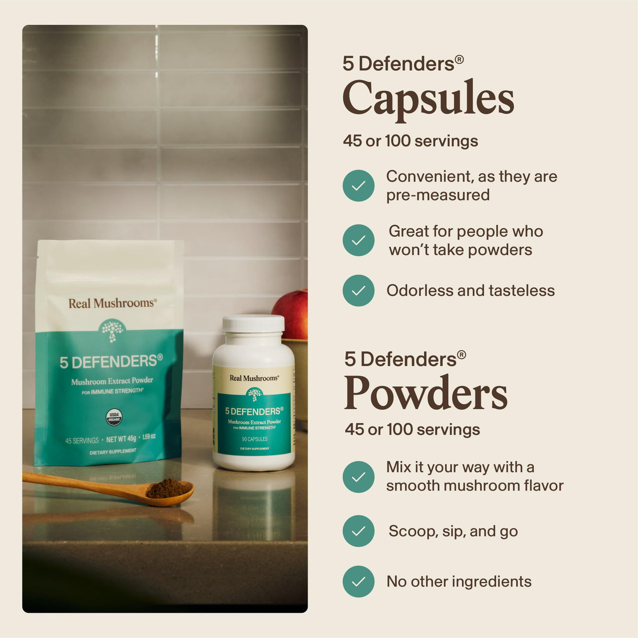 Real Mushrooms 5 Defenders Mushroom Complex – Organic Adaptogenic Mushroom Blend with Chaga, Reishi, Turkey Tail, Maitake & Shiitake for Wellness Support - Mushroom Beta Glucan Capsules - 200 Count