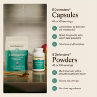 Thumbnail for Real Mushrooms 5 Defenders Mushroom Complex – Organic Adaptogenic Mushroom Blend with Chaga, Reishi, Turkey Tail, Maitake & Shiitake for Wellness Support - Mushroom Beta Glucan Capsules - 200 Count