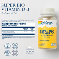 Thumbnail for SOLARAY Super Bio Vitamin D3 in Coconut Oil - D3 Vitamin 5000 IU - Bone Health and Immune Support Supplement - Lab Verified, Made Wtihout Soy, 60-Day Guarantee - 120 Softgels, 120 Servings