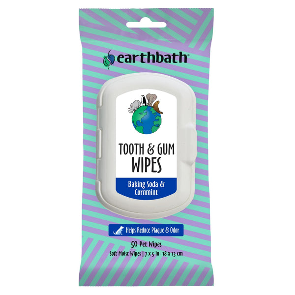 earthbath Tooth & Gum Wipes - Peppermint Dog Teeth Cleaning Wipes, No Brush Pet Dental Finger Swab for Dog and Cat Teeth Cleaning, Made in USA - Baking Soda & Cornmint, 50 Count