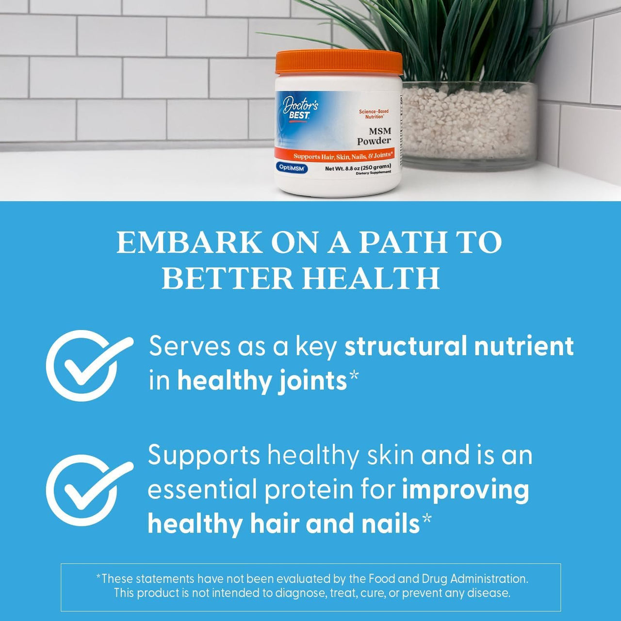Doctor's Best MSM Powder Supplement for Men & Women - Supports Hair, Skin, Nails, Joint Health, & Mobility, Delivers Beneficial Sulfur with OptiMSM, Gluten Free, Soy Free, Non GMO, Vegan - 8.8 oz